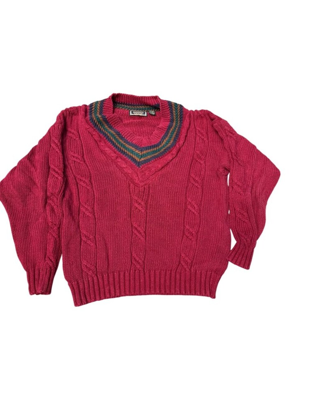 Vintage Hunting Horn Red Cable Knit V-Neck Sweater Size Medium